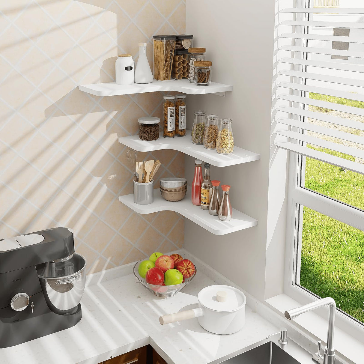 Homode Corner Floating Shelves, Set of 3 Corner Wall Shelves with Wire Hole, L-Shaped Wood Hanging Storage Shelf for Wall Decor, for Bathroom Kitchen Bedroom, White Homode