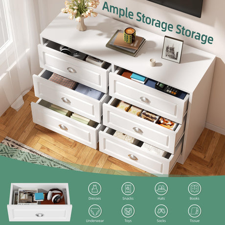 Shintenchi Dresser for Bedroom with 6 Drawers,Double Dresser & Chest of Drawers Wooden Organizer with Metal Handle, Storage TV Stand for Living Room,White Shintenchi
