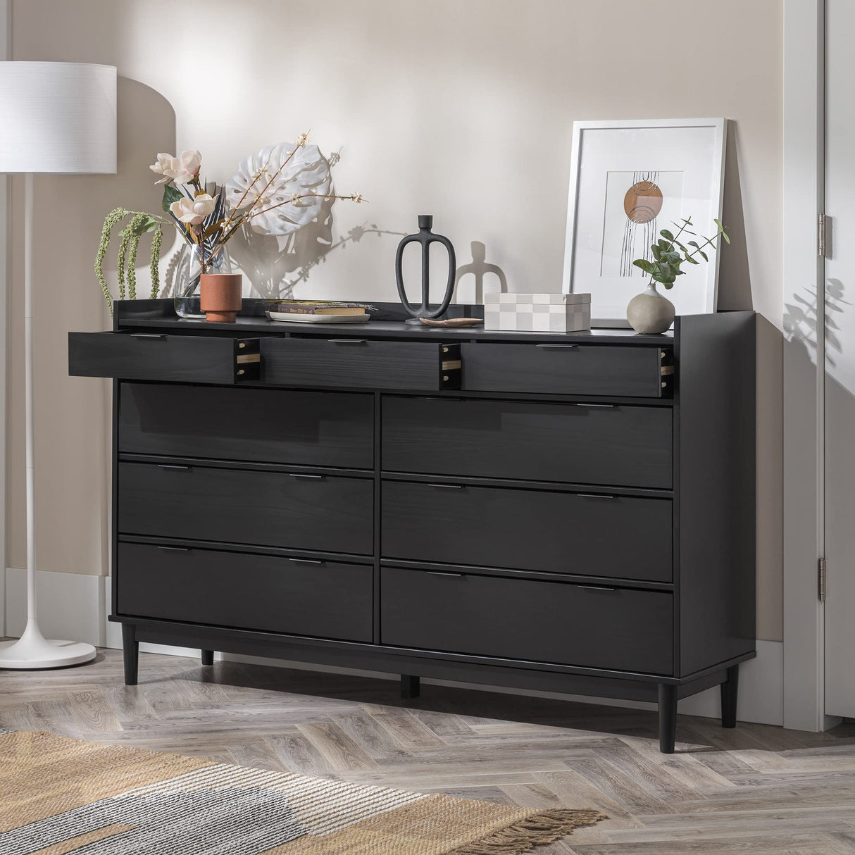 Walker Edison Blythe Mid-Century Modern Tray-Top Solid Wood 9-Drawer Dresser, 60 Inch, Black Walker Edison