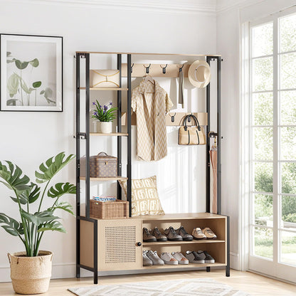 VECELO Hall Tree for Entryway, 5-in-1 Coat Rack with Bench Shoe Storage 2-Tier Storage Shelf, Coat Rack with 9 Hooks, Storage Shelves for Hallway Bedroom 47.2 x 13.78 x 70.87, Beige