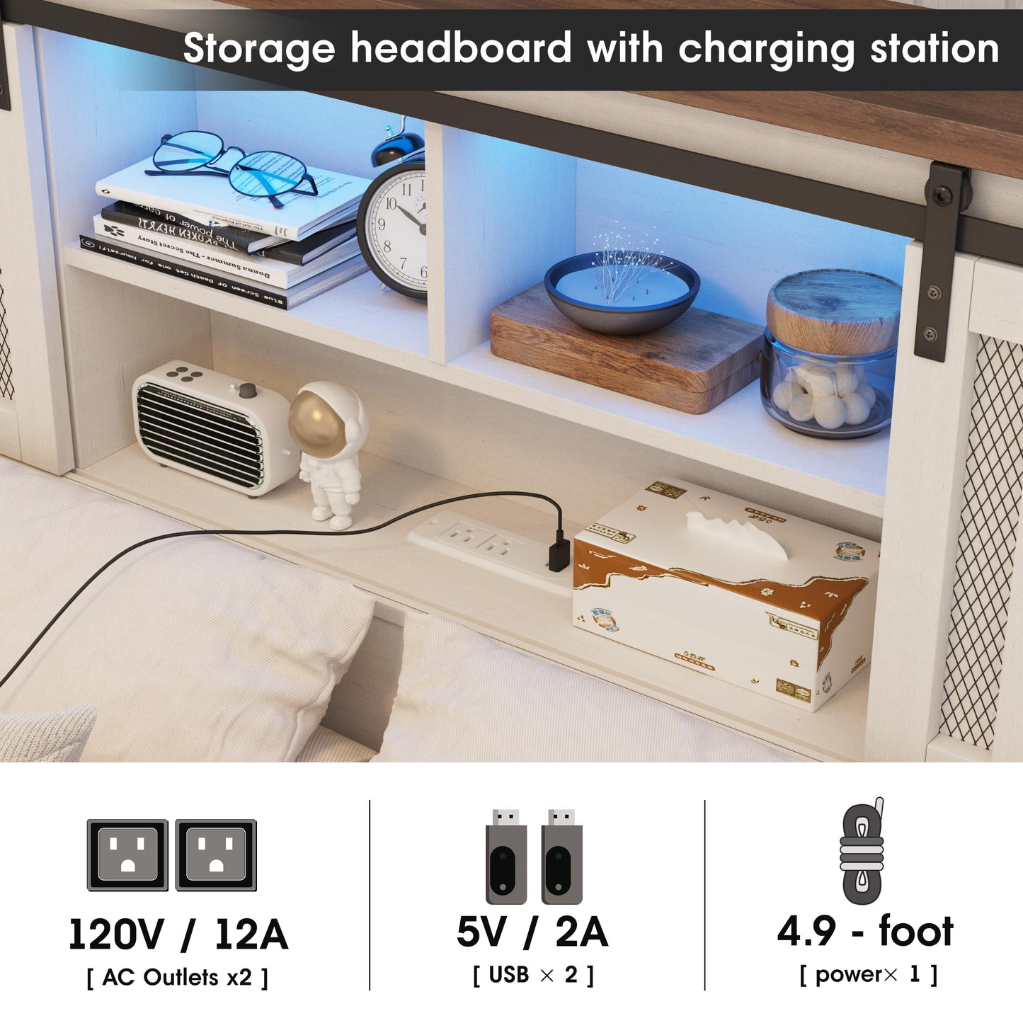 Vabches Farmhouse Queen Bed Frame with Storage, LED Lights & Charging Station - WoodArtSupply