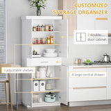 HOMCOM 72" Kitchen Pantry Cabinet, Freestanding Tall Storage Cabinet with 4 Doors, Drawer and 3 Adjustable Shelves for Dining Room, White HOMCOM
