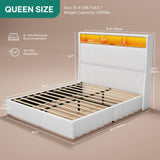 DWVO Queen Size Corduroy Upholstered Platform Bed Frame with Charging Station and RGB LED Lights, 53’’ Tall Storage Wingback Headboard, No Box Spring Needed, Easy Assembly, Noise-Free, White DWVO