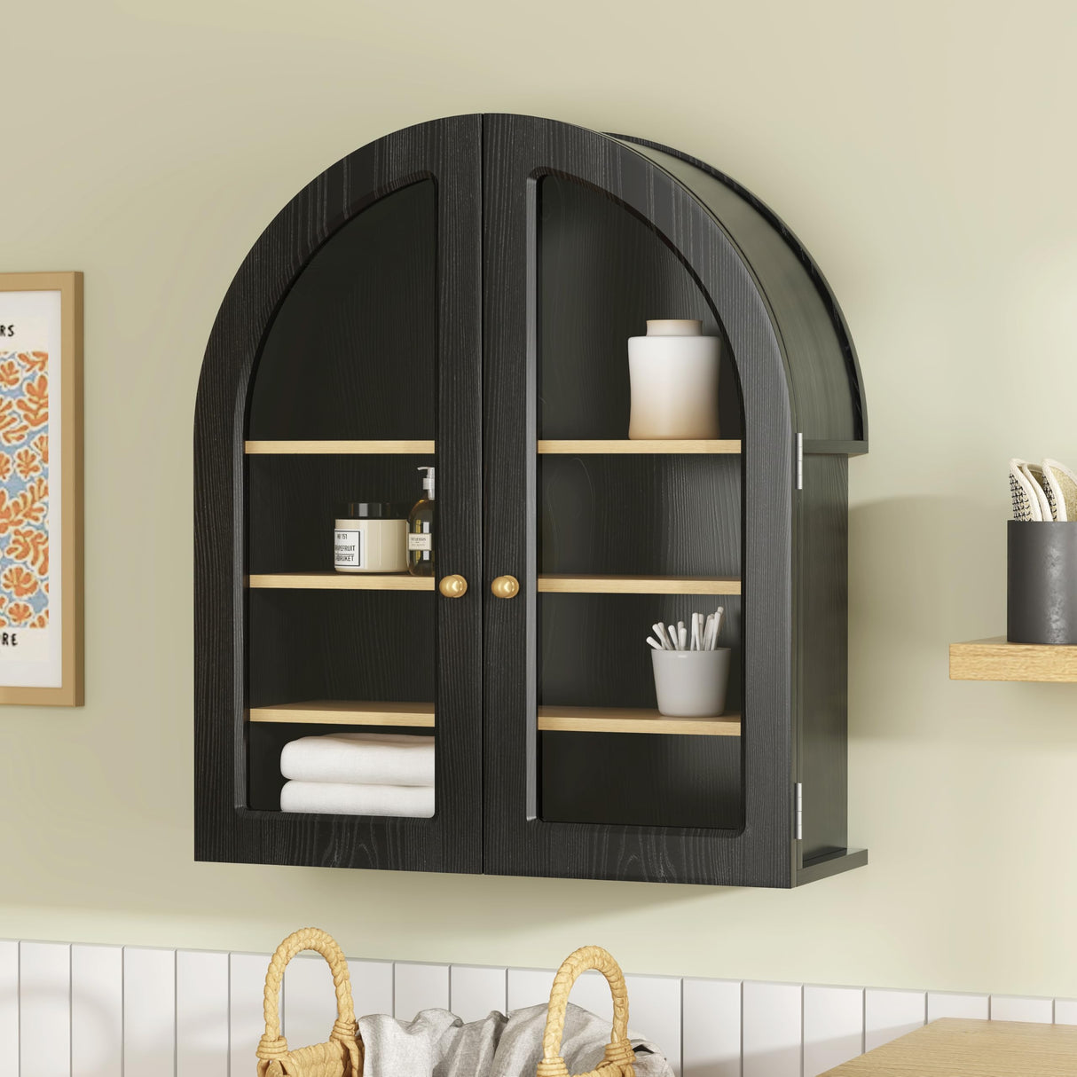 MoomJiee Large Arched Bathroom Wall Cabinet Modern Wooden Display Cabinet with Acrylic Doors Farmhouse Wall Mounted Cupboard Storage Organizer for Laundry Room, Dining Room, Black MoomJiee