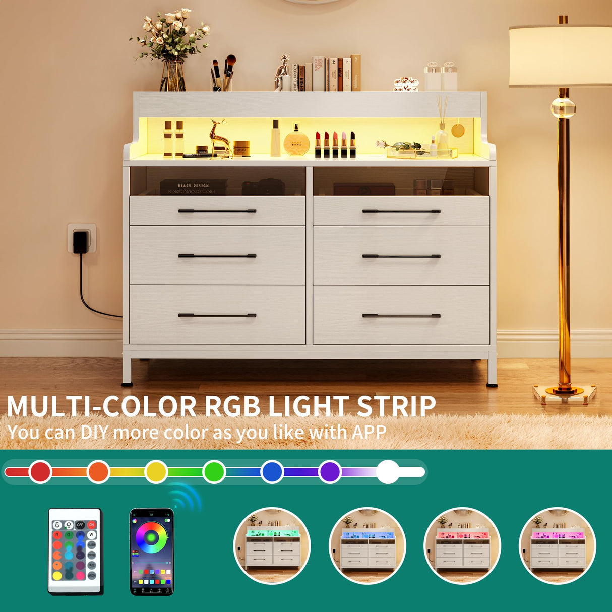 YITAHOME Dressers with LED Lights, 6 Drawer Dressers & Chests of Drawers, Modern Wood Dresser with Open Shelf Storage for Room, Entryway, Hallway, White YITAHOME