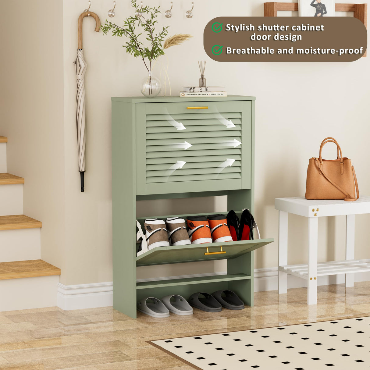 Glavbiku Shoe Storage Cabinet with 2 Flip Drawers, Louvered Shoe Cabinet for Entryway, Narrow Hidden Storage Organizer Space Saving, Shoe Rack Cabinet for Hallway Foyer, Green Glavbiku