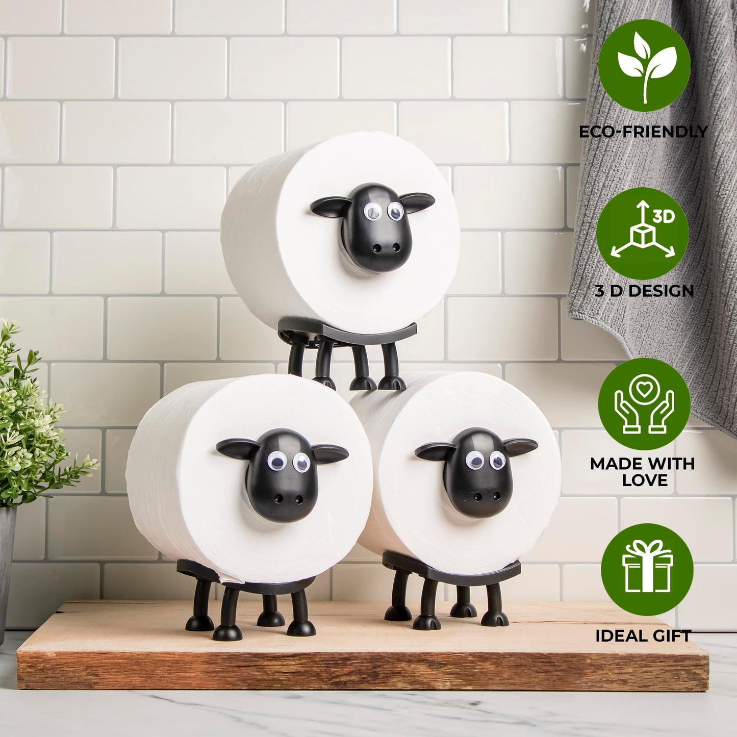 VELENTI Sheep Toilet Roll Holder - Funny Toilet Paper Holder Free Standing Bathroom Set - 3D Printed Black Sheep Loo Roll Holder - Hilarious Tissue Paper Roll Storage - Cute Bathroom Decor - Set of 3