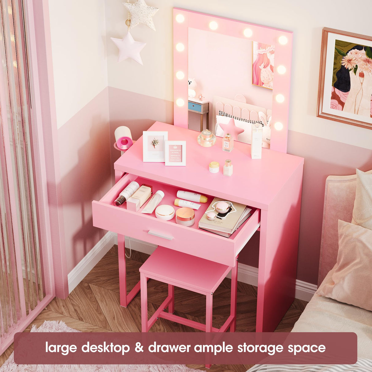 Makeup Vanity Desk with Mirror and Lights, Pink Vanity Table and Chair Set, Brightness Adjustable, Small Vanity for Girls' Bedroom Titoni