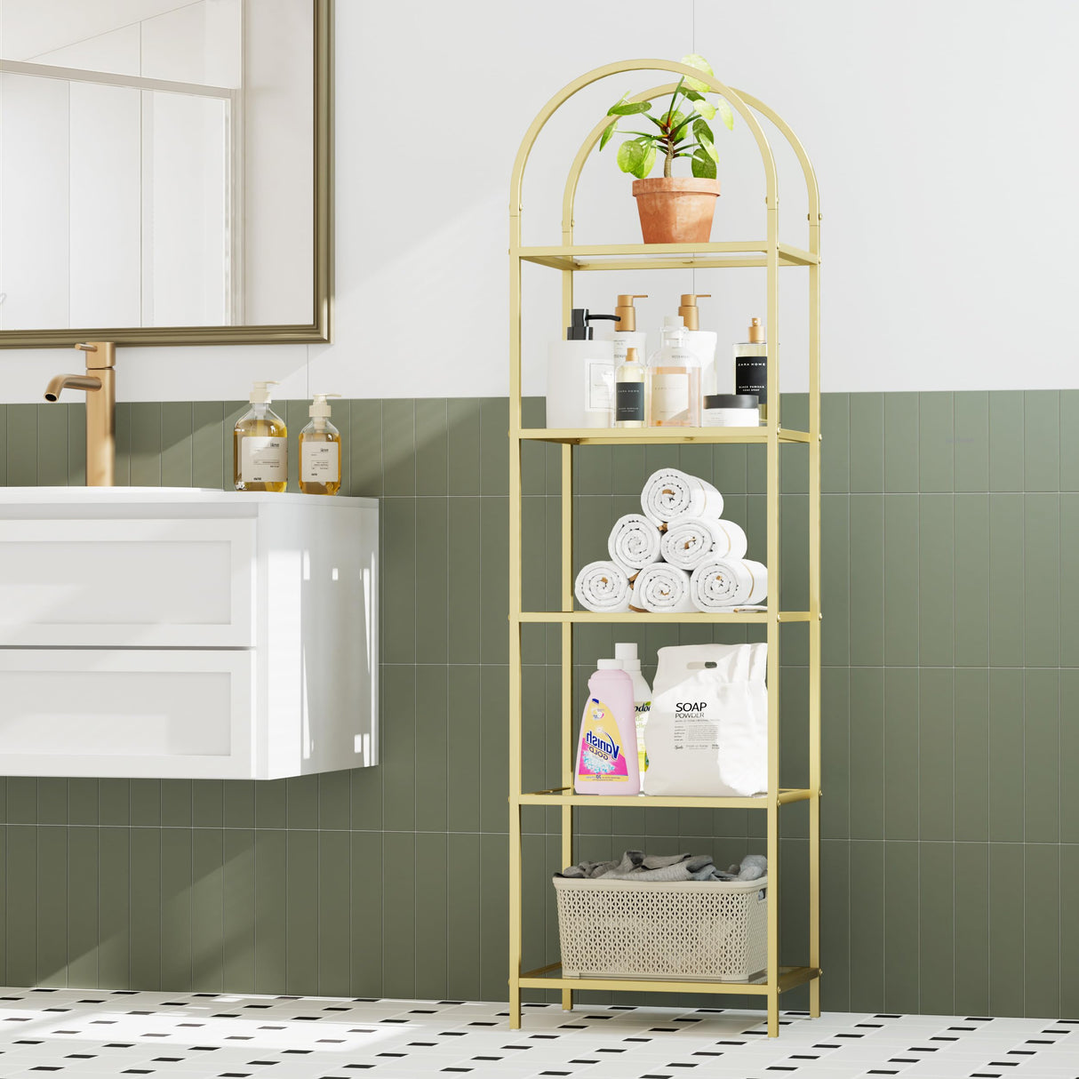 Homhedy Bookshelf Arched Display Racks,Metal Bookcase,Tempered Glass Shelves,Storage Rack Shelf for Home Office,Living Room,Bedroom, Bathroom,Modern Style (Golden, 11.8" D x 13.8" W x 57.1" H) Homhedy