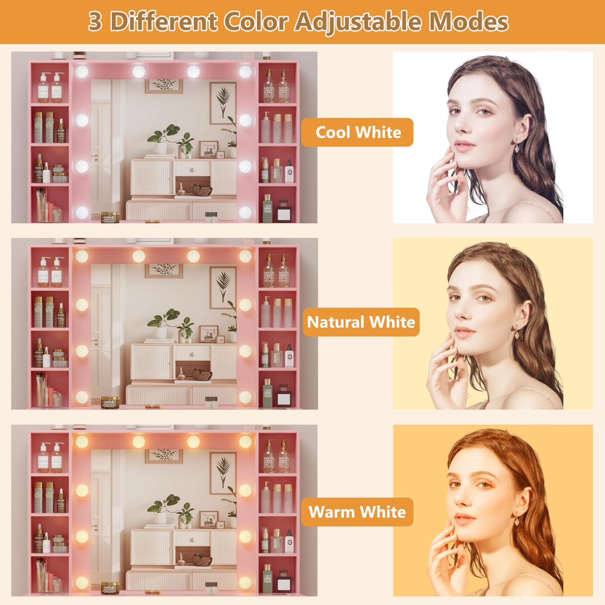 HUANLEGO Pink Vanity Desk with Mirror and Lights, Glass Top Vanity with Lighted Mirror & RGB Glass Cabinet and 3 Drawers, Makeup Vanity Desk with Lights Dressing Table for Bedroom, 3 Color Modes HUANLEGO