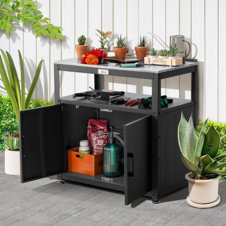 Feasto Garden Potting Bench with Storage Cabinet,Outdoor Gardening Table & Work Bench for Plants, Horticulture,Outdoor Workstation with Stainless Steel Tabletop,Outdoor Work Table Feasto