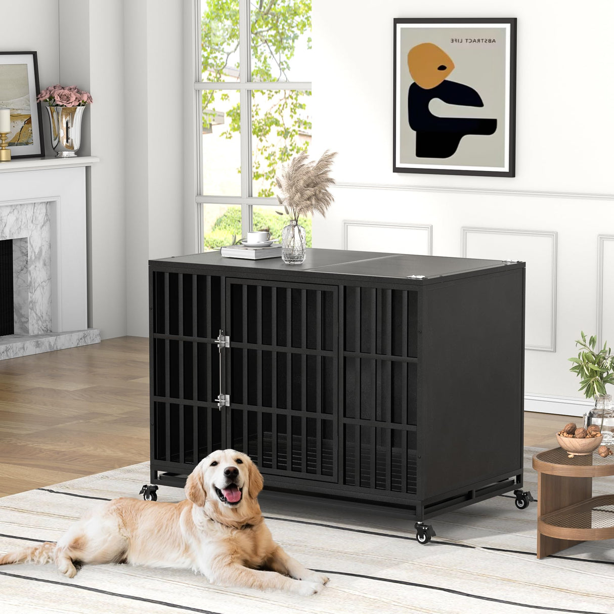 REXWELTEN 48 inch Heavy Duty Dog Crate with Self-Locking Latch, Indestructible Large Steel Kennel with Enclosed Design, Escape-Proof and Chew-Proof Pet Cage for High Anxiety Dogs Rexwelten