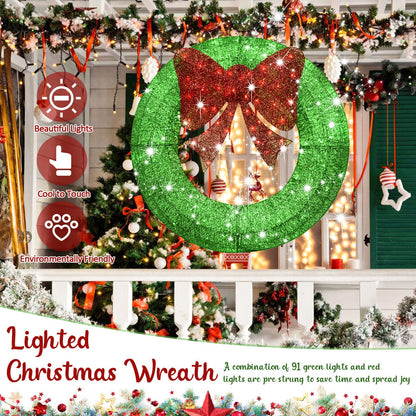 Carivia 3FT Pre-Lit Artificial Christmas Wreath,Outdoor Lighted Christmas Wreath for Front Door,36inch Xmas Wreath with 91 Lights and Red Bow for Winter Holiday Christmas Party Decorations