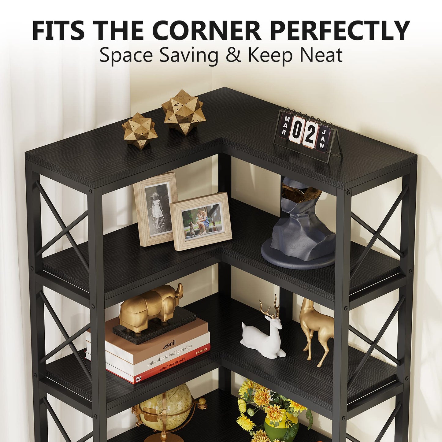 Tribesigns Modern 7-Shelf Corner Bookshelf with Metal Frame in Black - WoodArtSupply