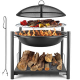 SereneLife 26" Outdoor Fire Pit with BBQ Grill, Mesh Screen, and Wood Storage – Heavy-Duty Steel Frame, Heat-Resistant – Ideal for Bonfires, Camping, and Outdoor Cooking SereneLife