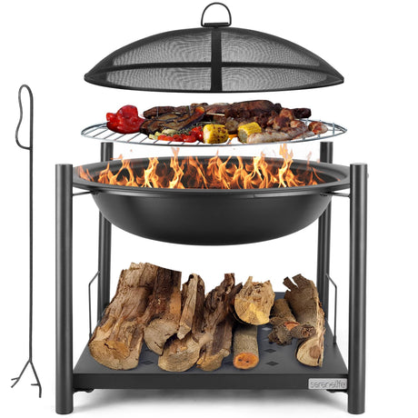 SereneLife 26" Outdoor Fire Pit with BBQ Grill, Mesh Screen, and Wood Storage – Heavy-Duty Steel Frame, Heat-Resistant – Ideal for Bonfires, Camping, and Outdoor Cooking SereneLife