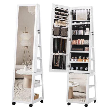 Hzuaneri 360° Swivel Jewelry Cabinet, 63" Tall Jewelry Armoire with Built-in Mirror, Lockable Full Length Jewelry Organizer with 4 Wheels, 6 LEDs Lights, Large 5-Tier Storage Rack, White JC35303B Hzuaneri