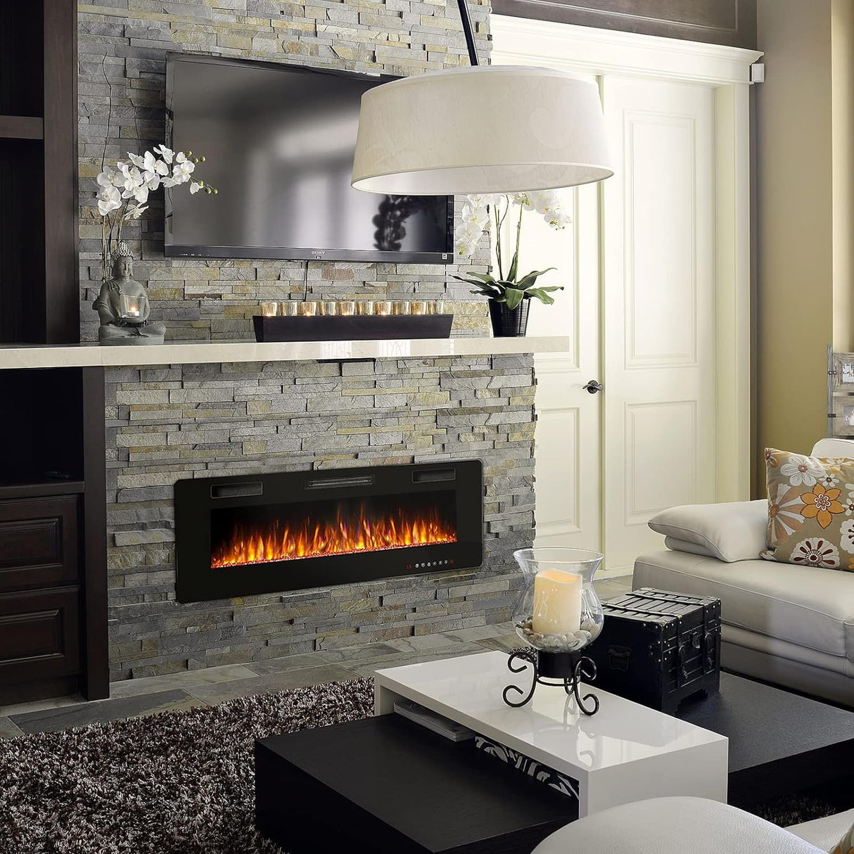 BOSSIN 50 inch Ultra-Thin Silence Linear Electric Fireplace, Recessed Wall Mounted Fireplace, Fit for 2 x 4 and 2 x 6 Stud, 12 Adjustable Flame Color & Speed,Touch Screen Remote BOSSIN