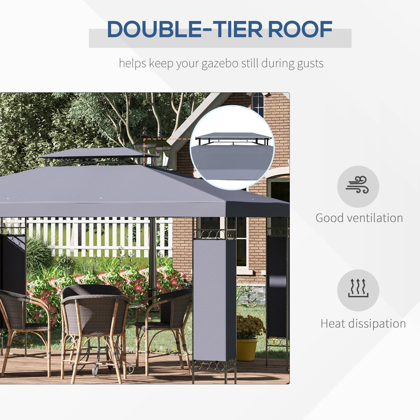 Outsunny 10' x 13' Patio Gazebo, Double Roof Outdoor Gazebo Canopy Shelter with Screen Decorate Corner Frame, for Garden, Lawn, Backyard and Deck, Gray - WoodArtSupply