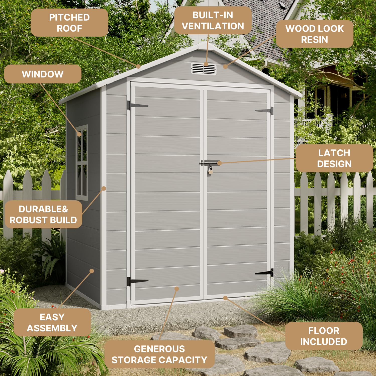 Gizoon 6x4.4 FT Plastic Outdoor Storage Shed, Resin Garden Tool Sheds & Outdoor Storage House with Single Lockable Door, Resin Shed for Patio Furniture, Backyard Garden Patio Lawn, Grey - WoodArtSupply