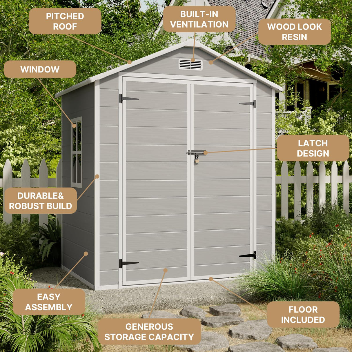 Gizoon Outdoor Storage Shed, 6x4 FT Resin Shed with Floor, Plastic Garden Tool Sheds with Lockable Door for Patio Backyard Lawn Pool, Gray Gizoon