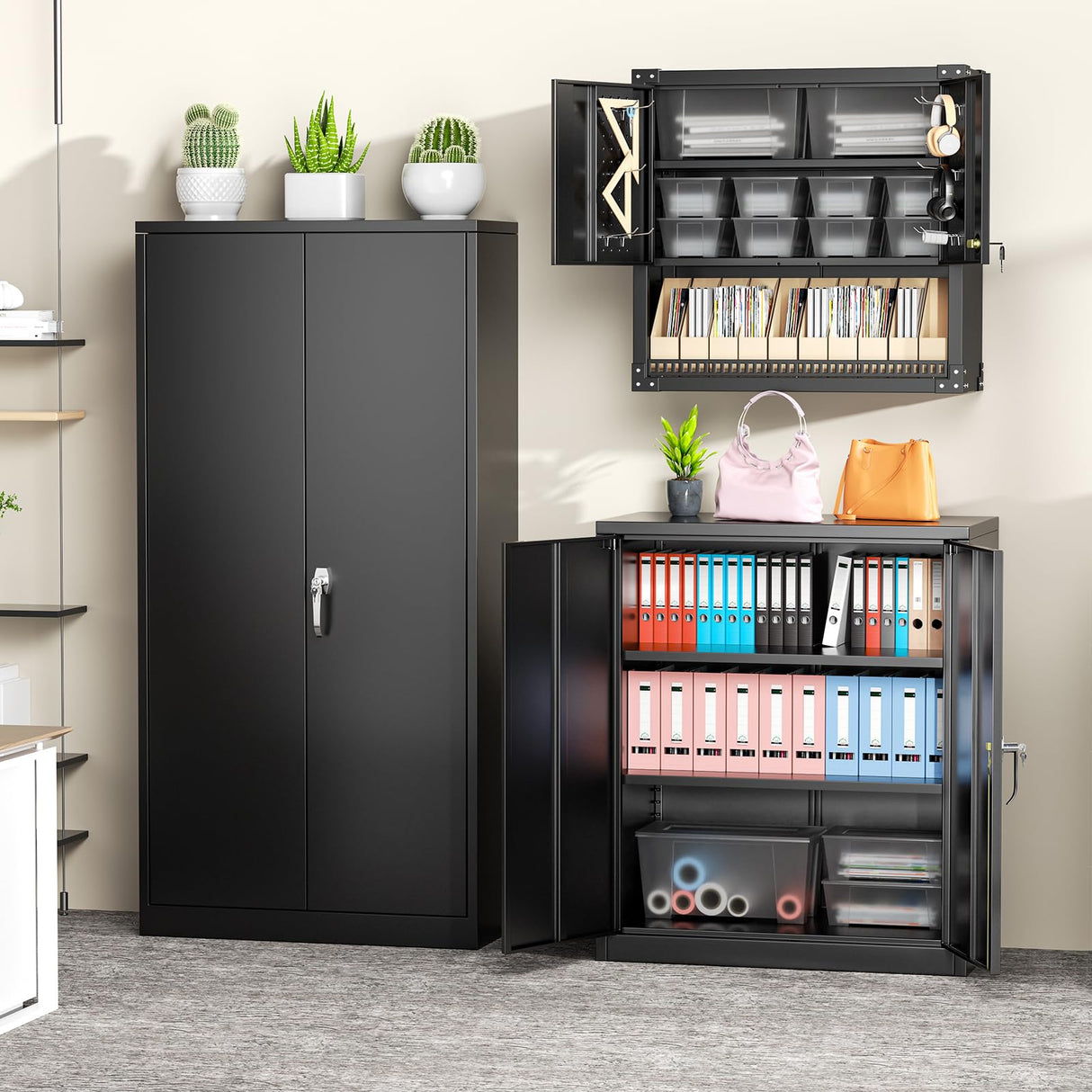 Greenvelly Metal Wall Cabinet with Locking Door, Black Wall Mounted Metal Storage Cabinet with Pegboard and Adjustable Shelf, Steel Tool Cabinet for Garage, Basement, Kitchen, Warehouse Greenvelly