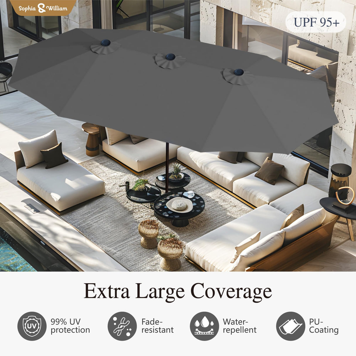 Sophia & William 15 ft Extra Large Patio Umbrella with Base Included, Rectangular Outdoor Umbrella Heavy Duty, Market Umbrella Double-sided Fade Resistant for Pool Garden Backyard, Smoky Gray Sophia & William