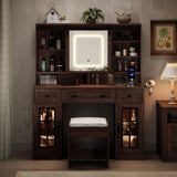 Fameill 45.5'' Farmhouse Makeup Vanity Desk with Sliding Mirror, Vanity Table with 3 Drawers and 2 Cabinets, Charging Station & LED Lights, Storage Shelves, Stool Included, Dressing Table for Bedroom Fameill