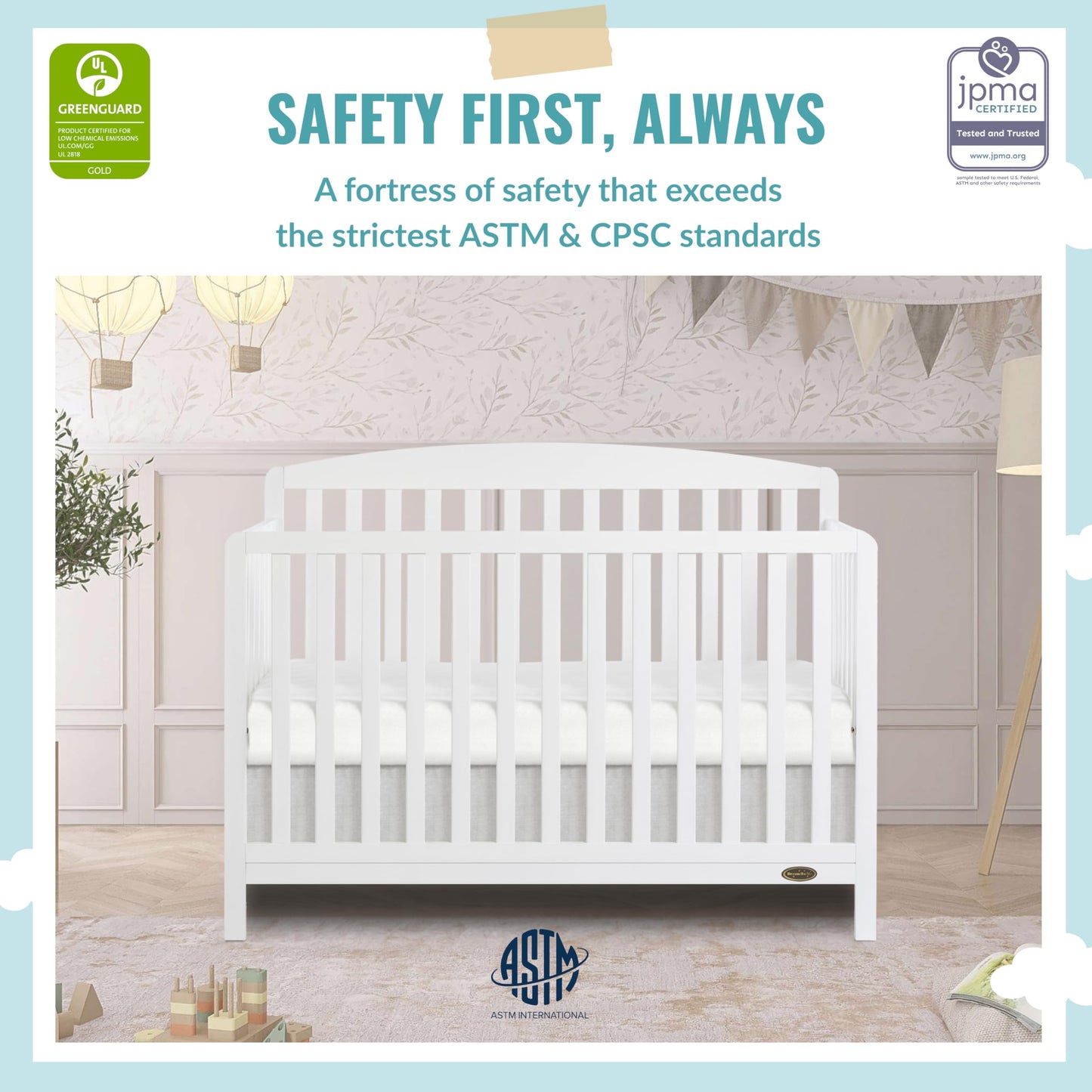 Dream On Me JPMA & Greenguard Gold Certified Odelle 5 in 1 Convertible Crib in White, Built of Sustainable Pinewood, 3 Mattress Height Settings, Non-Toxic Water-Based Paint Finish - WoodArtSupply