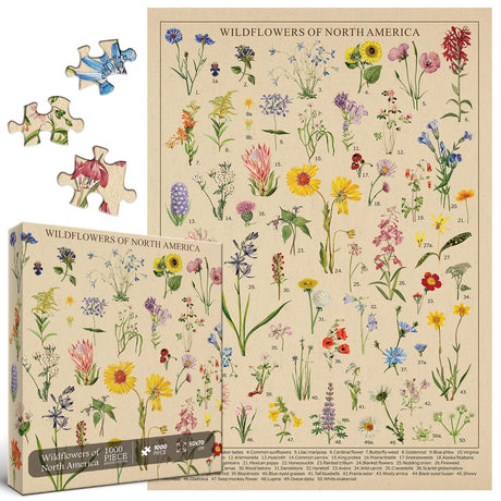 Vintage Wildflowers Puzzle 1000 Pieces for Adult, Botany Plant Flower Puzzle of Wildflowers of North America, Floral Jigsaw Puzzles Nature BBOLDIN