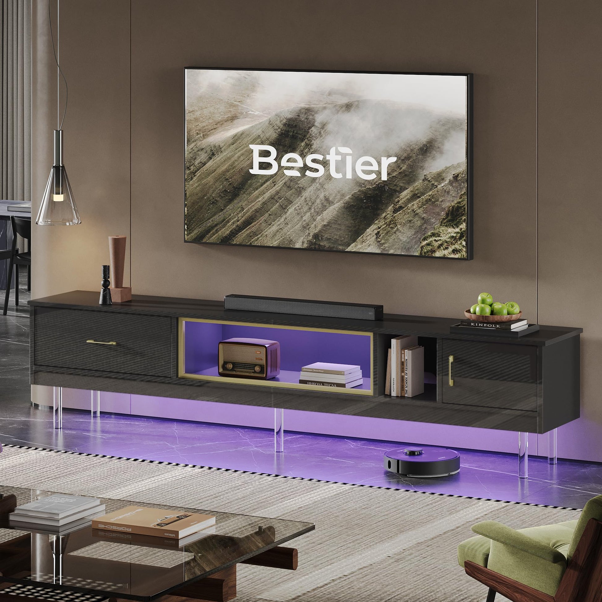 Bestier 80 inch Mid Century Modern TV Stand for 85 inch TVS, High Gloss LED Entertainment Center with Storage for Living Room, Media Console Table with Drawer & Cabinets for Living Room, Blac - WoodArtSupply