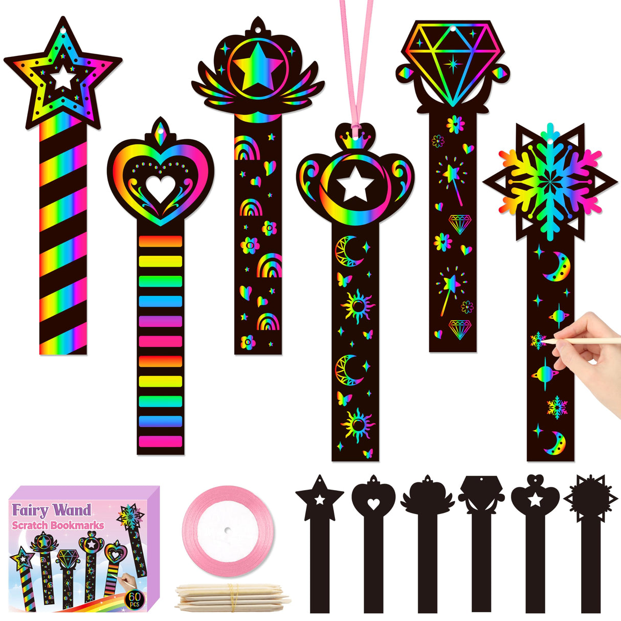 CY2SIDE 60PCS Princess Fairy Wand Scratch Bookmarks for Girls, Make Your Own Fairy Stick Scratch Paper Magic Wands Bookmark, DIY Princess Stick Rainbow Crafts Ornaments for Kids Birthday Party CY2SIDE