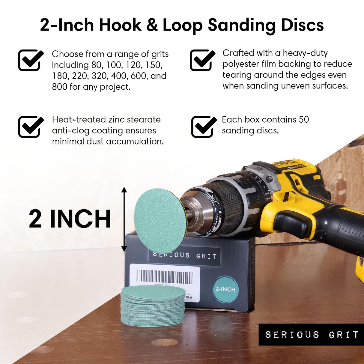 Serious Grit - 2-Inch 800 Grit Sanding Discs - Heavy-Duty Hook & Loop Film Discs - Sandpaper for Woodturning, Bowl Sanding & Power Tool Drill Attachment Sanding Pads - Pack of 50 Serious Grit