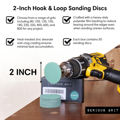 Serious Grit - 2-Inch 800 Grit Sanding Discs - Heavy-Duty Hook & Loop Film Discs - Sandpaper for Woodturning, Bowl Sanding & Power Tool Drill Attachment Sanding Pads - Pack of 50 Serious Grit