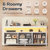 Huuger LED TV Stand for Bedroom, 55 Inch Fabric Dresser with Power Outlets, Entertainment Center for 60, 55, 50 Inch TV, 6 Drawer Dresser for Bedroom, Chest of Drawers with Shlef, PU Leather, White Huuger