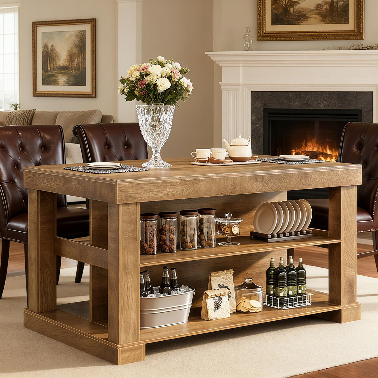 Tribesigns Kitchen Island with Storage, 55-Inch Farmhouse Stationary Island Table with Large Countertop, 3-Tier Wooden Coffee Bar Table for Kitchen, Dining Room, Rustic Brown Tribesigns