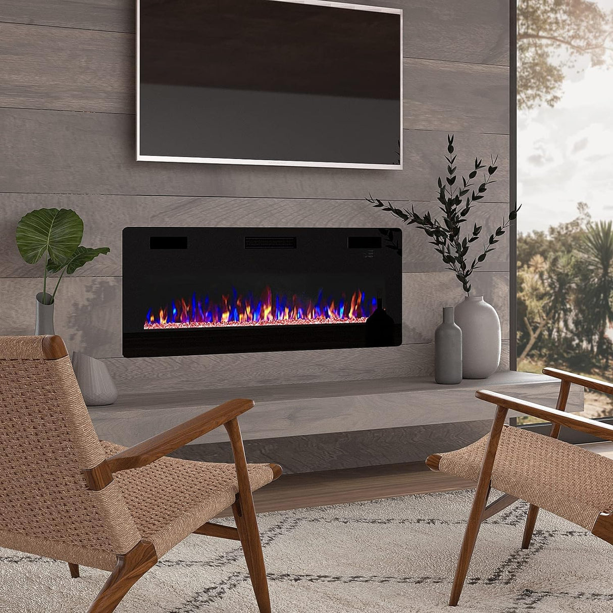 BOSSIN 50 inch Ultra-Thin Silence Linear Electric Fireplace, Recessed Wall Mounted Fireplace, Fit for 2 x 4 and 2 x 6 Stud, 12 Adjustable Flame Color & Speed,Touch Screen Remote BOSSIN