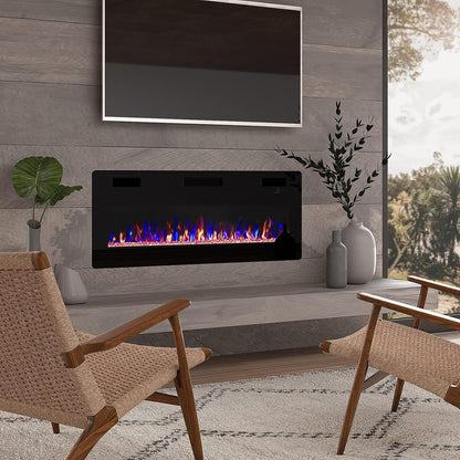 BOSSIN 50 inch Ultra-Thin Silence Linear Electric Fireplace, Recessed Wall Mounted Fireplace, Fit for 2 x 4 and 2 x 6 Stud, 12 Adjustable Flame Color & Speed,Touch Screen Remote