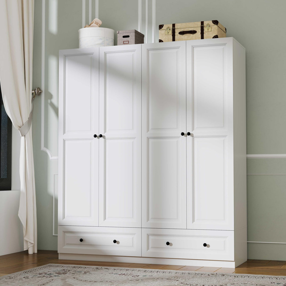 Mhsatyrs Armoire Wardrobe Closet with Drawers: 74" Large White Armoire Wardrobe Closet with 4 Doors, Bedroom Armoires with Hanging Rod and 2 Drawers, Wooden Clothes Storage Cabinet (White, 63") Mhsatyrs