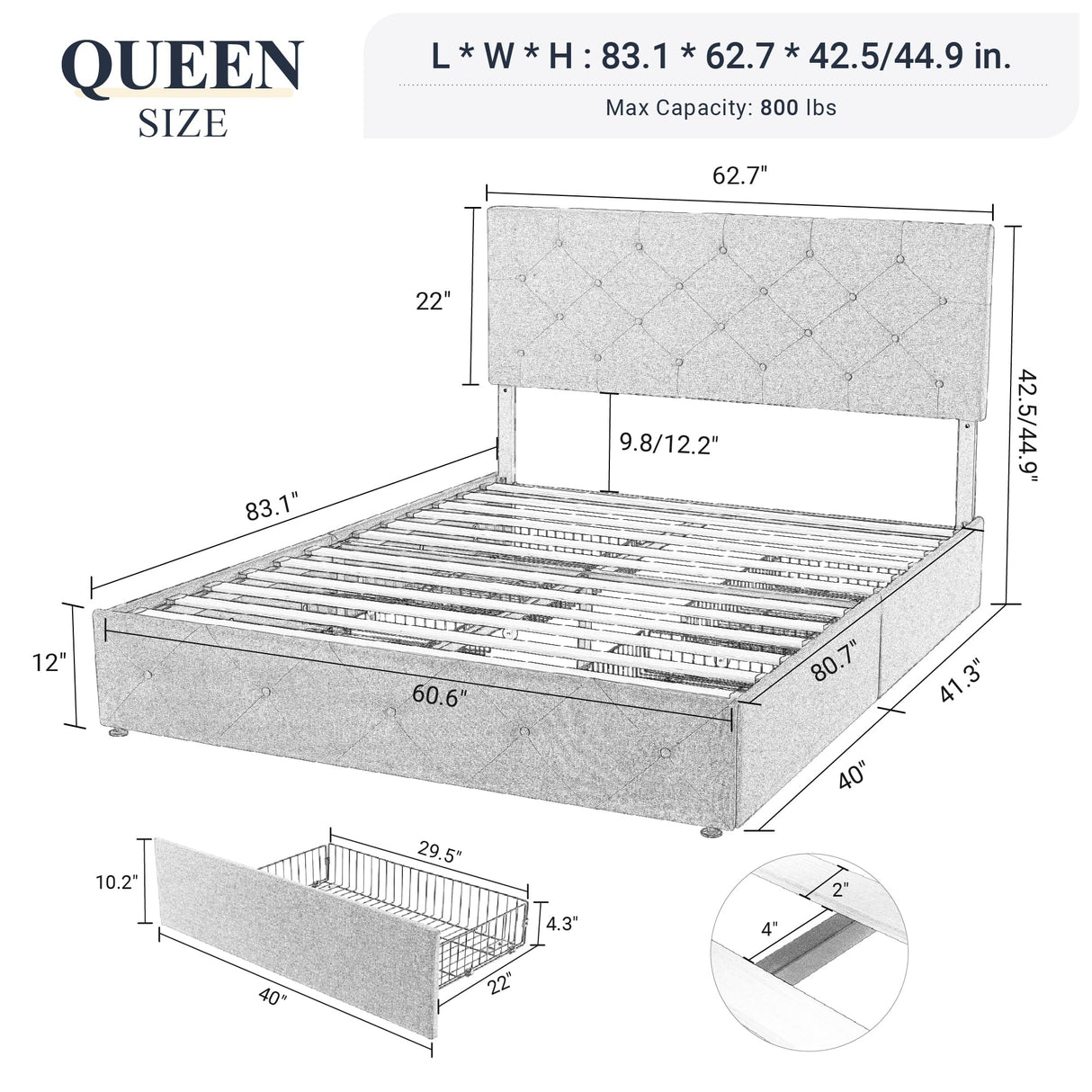 Allewie Dark Grey Upholstered Queen Size Platform Bed Frame with 4 Storage Drawers and Adjustable Headboard Allewie