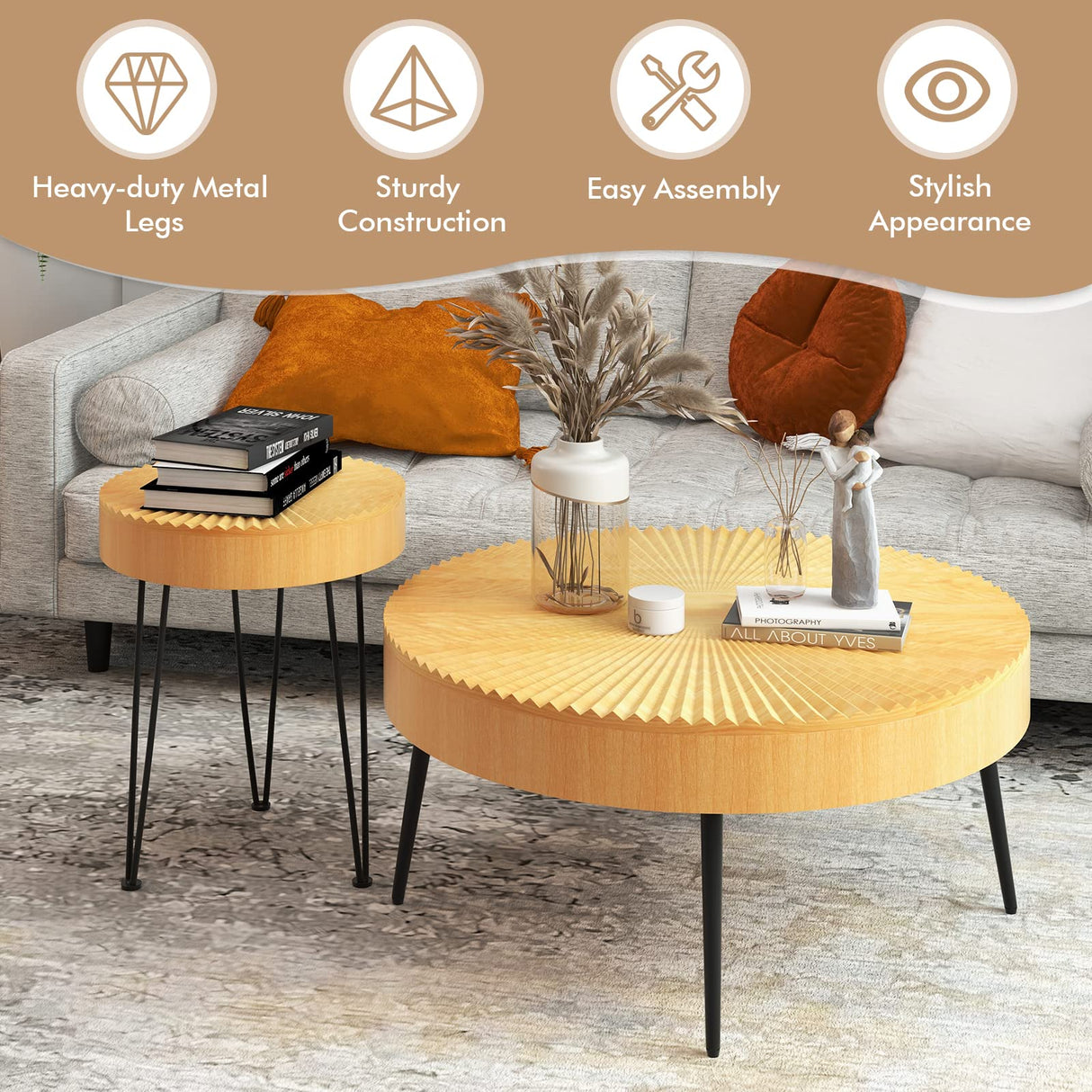 Giantex Boho Round Coffee Table Set of 2, Sofa Side Nesting Table with Solid Pine Wood Top, Metal Legs & Adjustable Foot Pads, 31.5" D Large Table Set for Living Room (Radial Pattern, Natural) Giantex