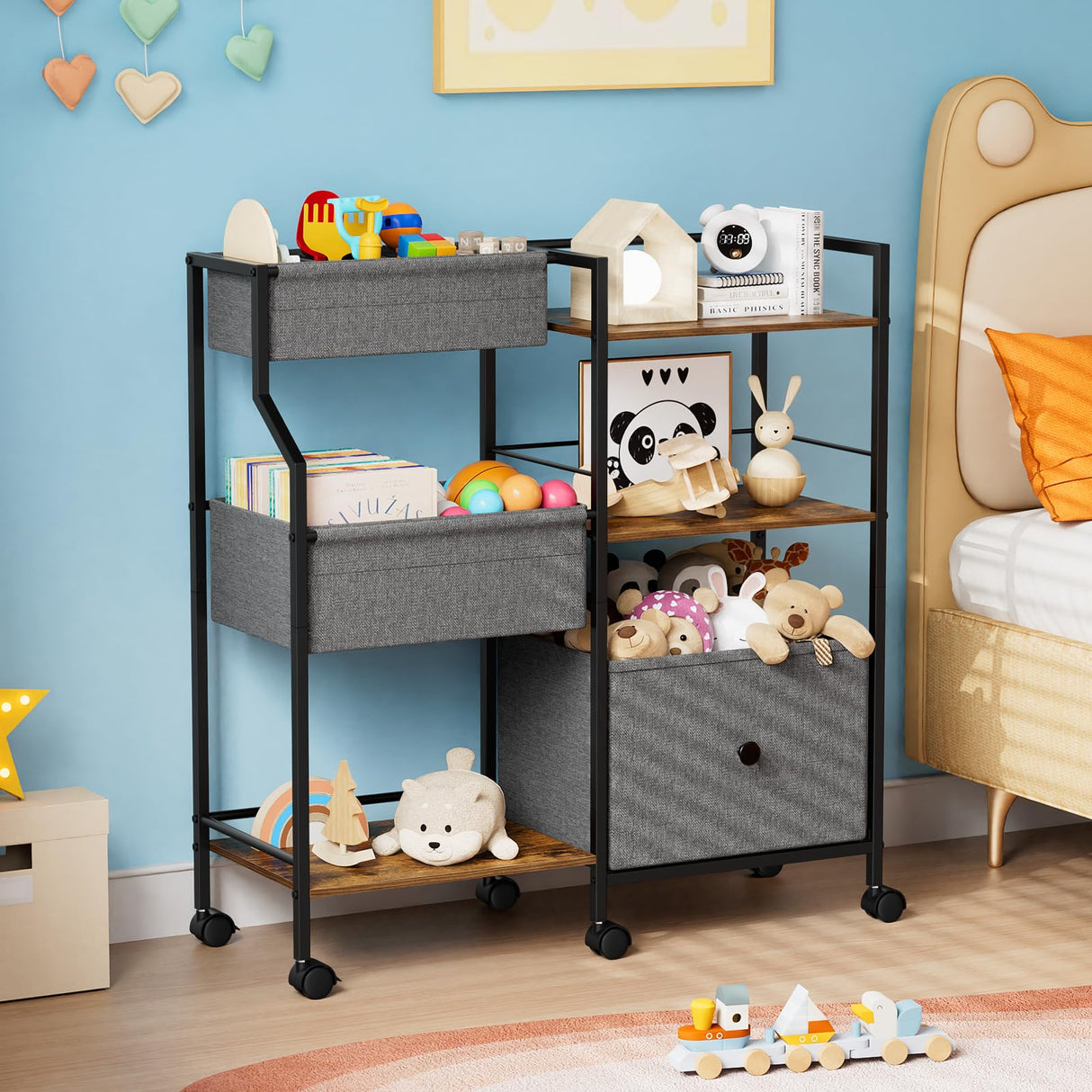 Modanais Kids Toy Storage Organizer - Toy Shelf Organizer, Sturdy Wooden Book Shelves, Soft-Sided Fabric Bins, Customizable Mobile Storage Cart for Playrooms & Bedrooms Modanais