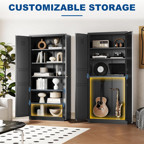 Fesbos Metal Storage Cabinet-71” Tall Steel File Cabinets with Doors and 5 Adjustable Shelves-Black Steel Storage Cabinet for Home,Kitchen, School, Office, Garage Fesbos