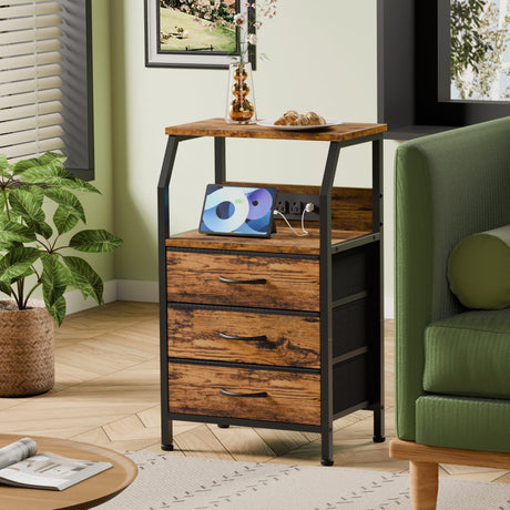 Furnulem Night Stand with Charging Station, USB Ports and Outlets, 28.3 Inch Tall Bedside Table with Wood Shelf, 3 Fabric Drawers Side Table for Bedroom, 3 Ways to Use, Rustic Brown Furnulem