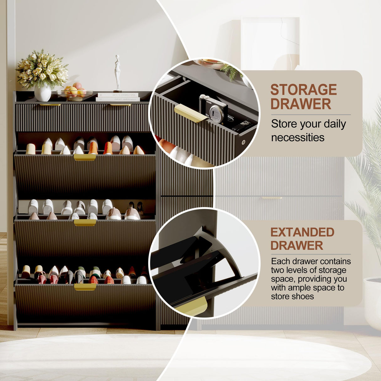 IDEALHOUSE Modern Black Shoe Cabinet with 3 Flip Drawers & 2 Small Drawers & Hook, Slim Fluted Shoe Storage Organizer, Narrow Entryway Cabinet for Apartment, Hallway, Entrance IDEALHOUSE