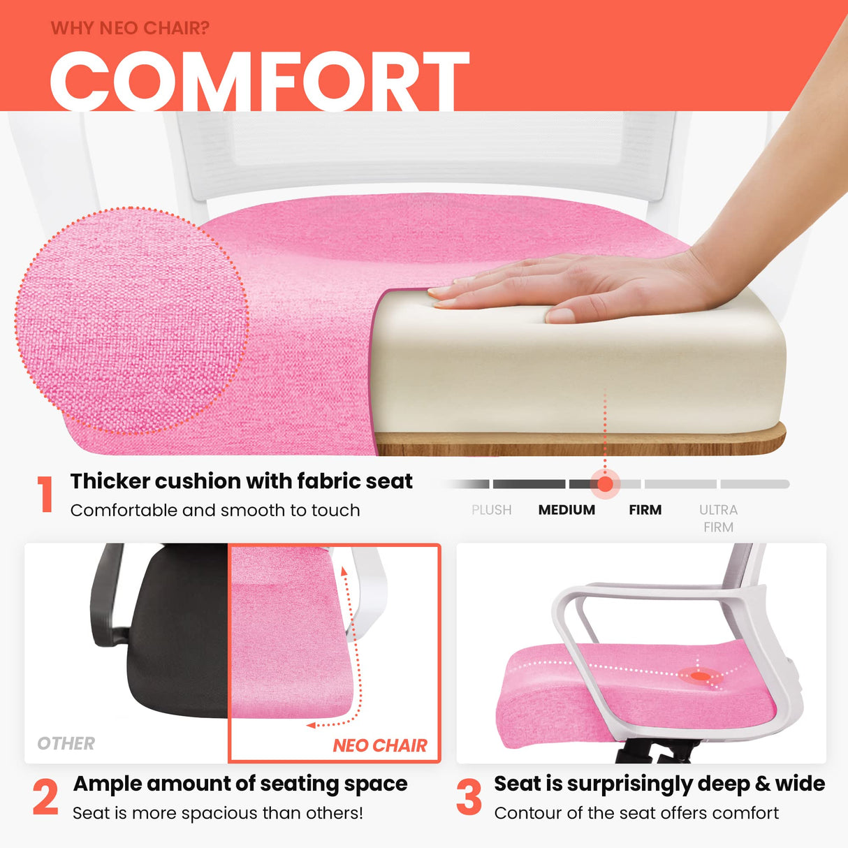 NEO CHAIR Office Desk Chair Ergonomic Mid Back Mesh with Lumbar Support Comfy Cushion Swivel Adjustable Height Gaming Chairs for Home Office (Pink) NEO CHAIR