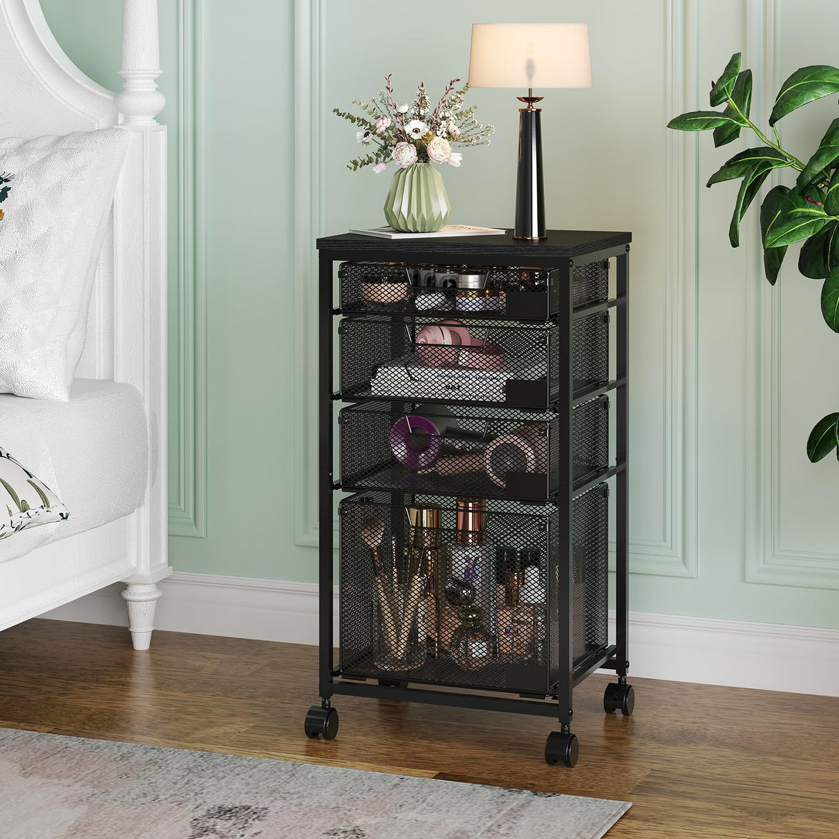 Rolling File Cart with 4 Storage Drawers, Filing Cabinet for Home Office, Hanging File Folder Organizer with Wheels Under Desk, Utility Craft Cart Printer Stand, Black, Patent Pending Sbanmao