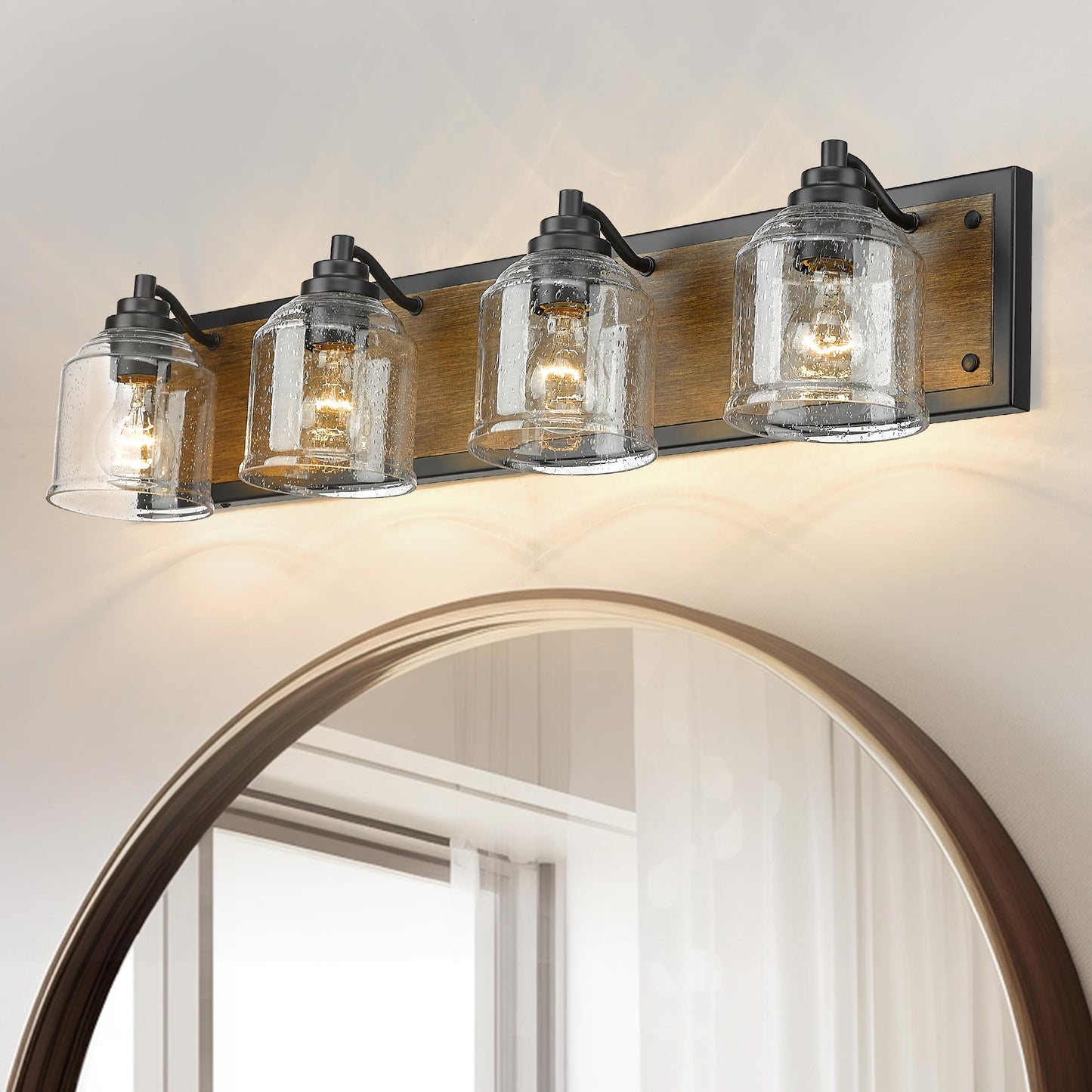 YKLITG 31.5 inch Farmhouse Bathroom Vanity Light Fixture, 4-Light Dark Wood Rustic Vanity Light with Seeded Glass Shades for Bathroom, Over Mirror, Living Room BD005-4-DW - WoodArtSupply