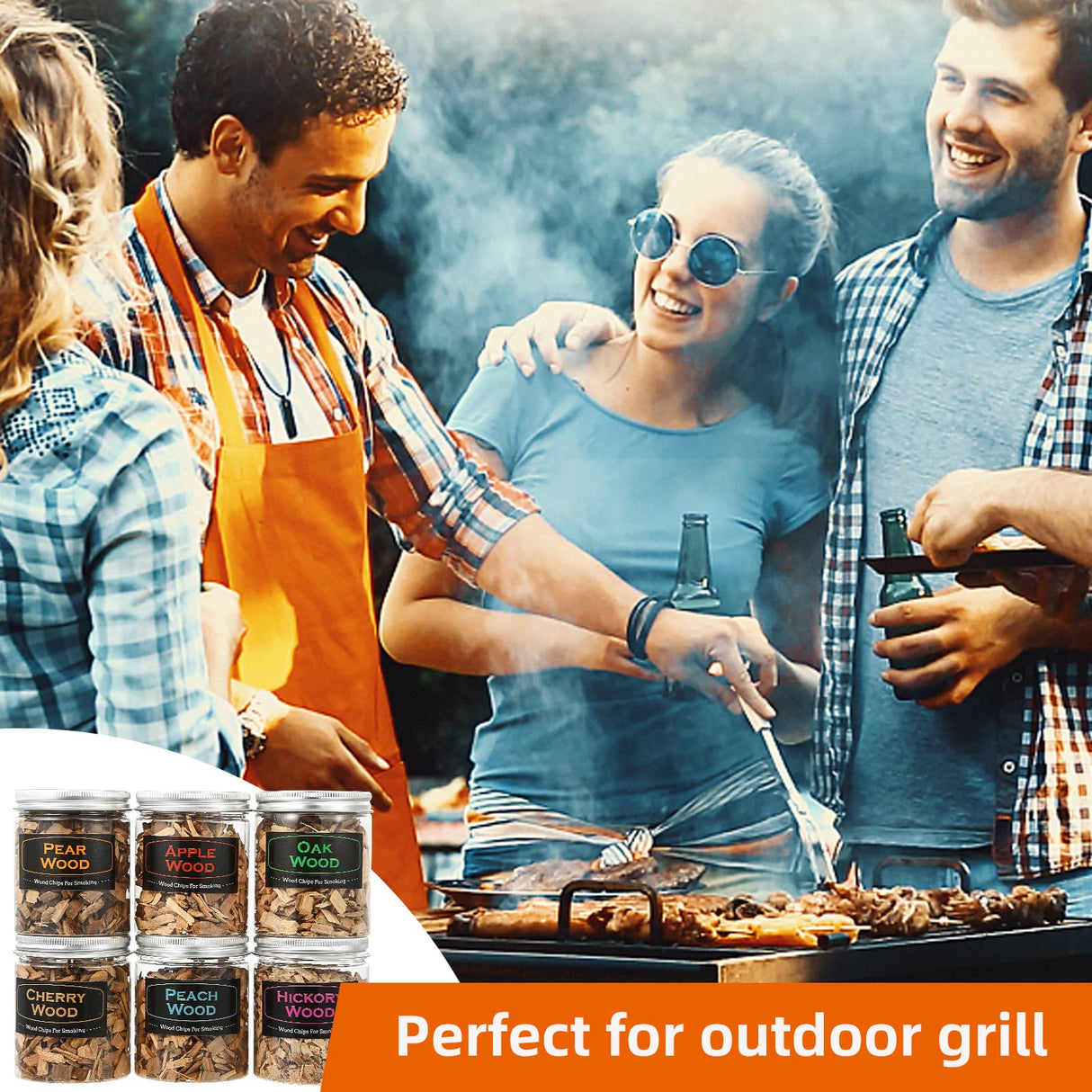 DGYJJZ 6Pack Natural Wood Chips for Smoker Grill and Smoking Gun, Oak, Pecan, Apple, Pear, Cherry and Peach About 80g Each, Smoker Woodchips for BBQ Smoking Beef Pork Chicken Fish and Whisk DGYJJZ