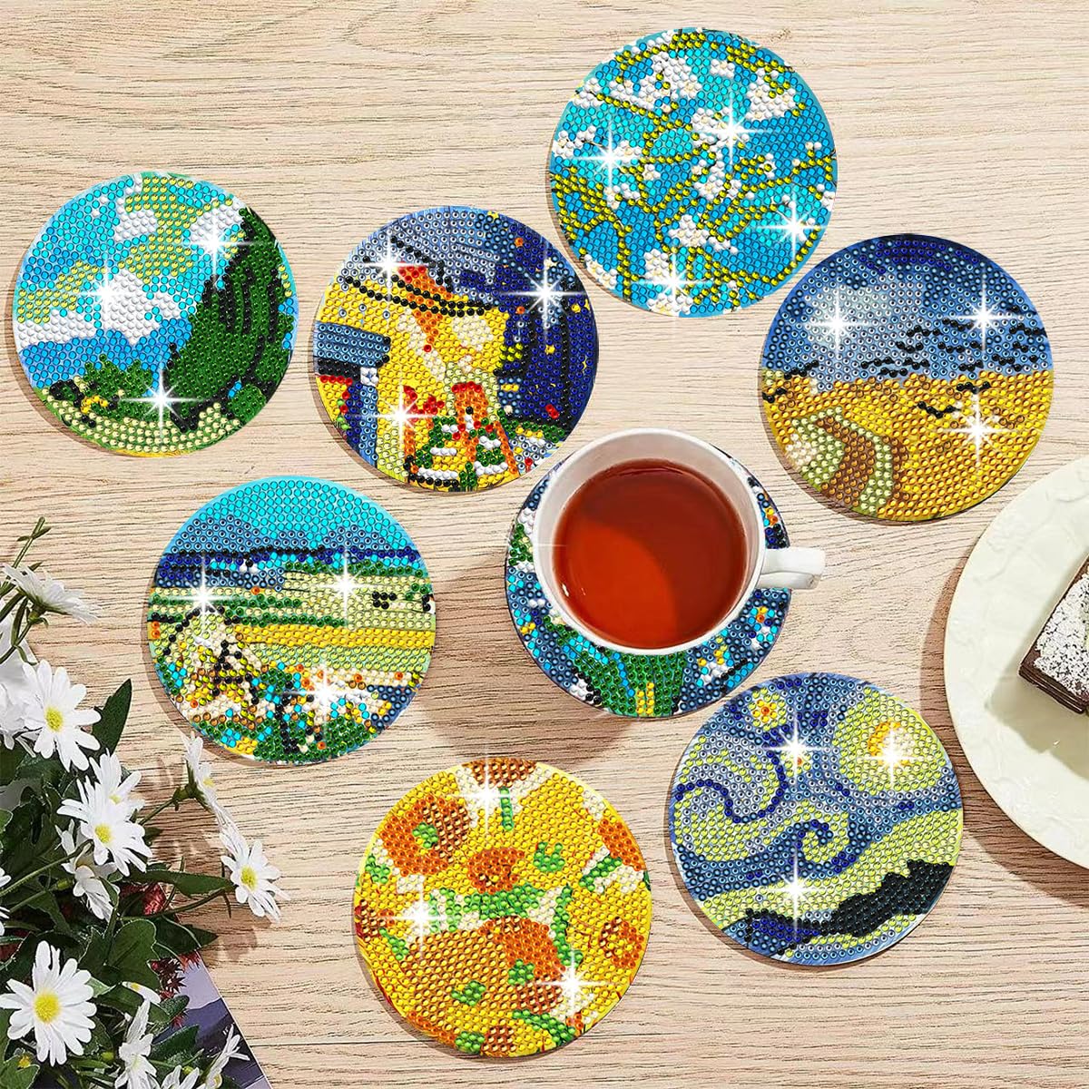 Muzagroo Art Van Gogh Diamond Painting Coasters Kits with Holder Diamond Art Coaster Kits for Beginners Diamond Paintings Kits for Adults Stress-reducing Handicrafts Paint by Diamond 8 PCS (Van Gogh) Muzagroo Art